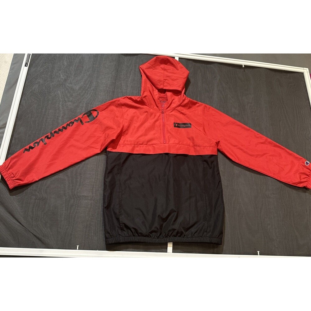 Champion Boy Stadium Red/black Windbreaker Jacket Quarter Zip Hooded Size Large